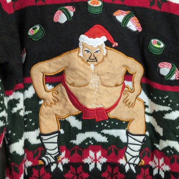 Blizzard Bay Red Ugly Christmas Sumo Santa Sushi Crew Neck Sweater Size XL - Picture 2 of 7